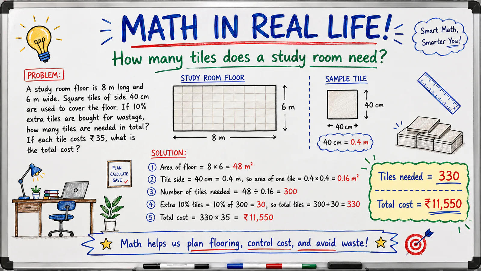 A worked Mathematics example calculating floor tiles, wastage and total cost for a study room